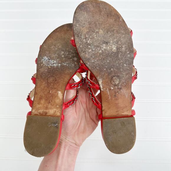 Chanel Red Leather CC Chain Sandals Four Strap Ankle Gladiator 38 - Picture 9 of 14